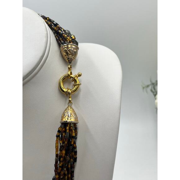 MultiStrand Brown Black Seed Bead Beaded Necklace Gold Tone Large Closure - Picture 9 of 9